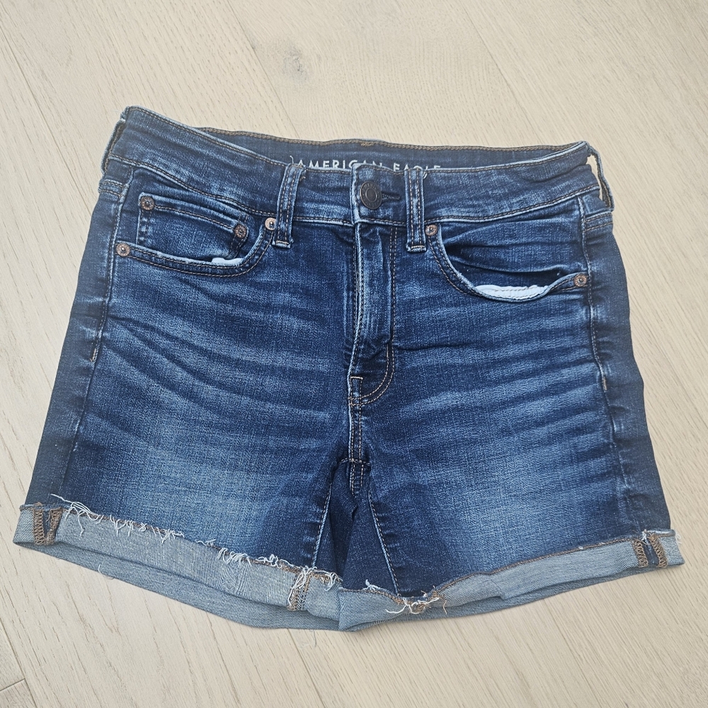 AMERICAN EAGLE Midi Jean Shorts Cut Off Dark Blue Cotton Blend Size 6 AE